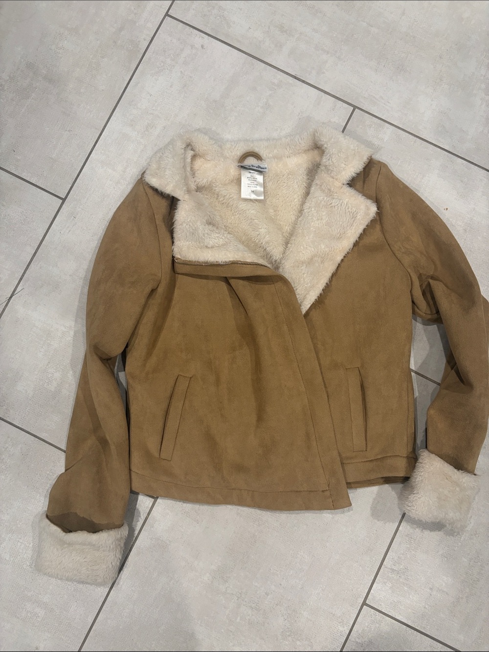 Chasing Fireflies Camel faux suede fur moto Jacket with Cream Lining 14